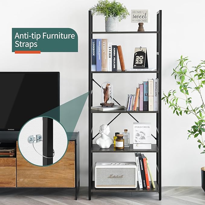 Yoobure 5 Tier Bookshelf - Tall Book Shelf Modern Bookcase for CDs/Movies/Books, Rustic Book Case Industrial Bookshelves Book Storage Organizer for Bedroom Home Office Living Room Grey - LeafyLoom