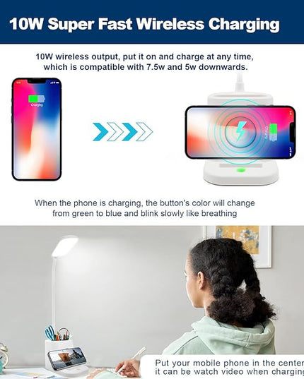 LED Desk Lamp with Wireless Charger and Organizer,Home Office Touch Reading Lamp with Pen Holder/Storage,Stepless Dimming 3 Color Modes,360°Flexible Gooseneck Eye Caring Desk Light-Study/College Dorm - LeafyLoom