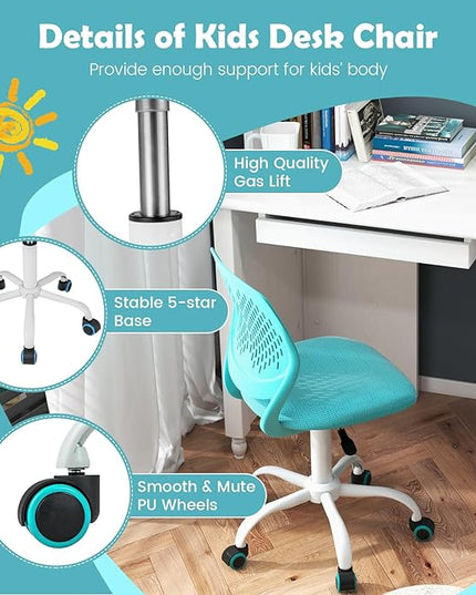 Kids Desk Chair, Ergonomic Kids Office Chair Ages8-12 w/Lumbar Support, Low-Back Teen Desk Chair for Girls Boys, Small Cute Kids Computer Chair for Bedroom/Study/Vanity Desk, Turquoise - LeafyLoom