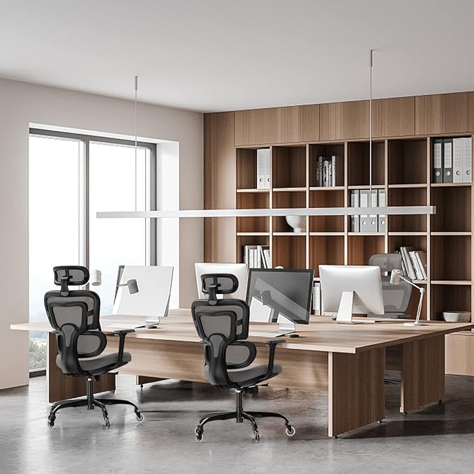 Ergonomic Office Chair - Mesh Office Chair High Back, Rolling Desk Chair, Executive Swivel Chair, Computer Chair with 3D Adjustable Armrest, 3D Lumbar Support, Blade Wheels, Adjustable Headrest - LeafyLoom