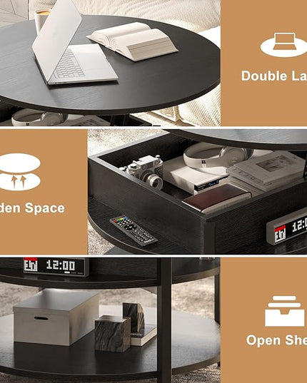 FABATO Round Lift Top Coffee Table with Storage and Hidden Compartment, 26.77'' Farmhouse Coffee Table for Living Room Reception Room, 2 Tier Small Round Coffee Table Circle Dining Table, Black - LeafyLoom