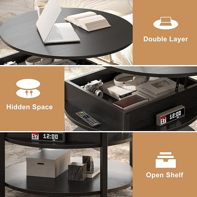 FABATO Round Lift Top Coffee Table with Storage and Hidden Compartment, 26.77'' Farmhouse Coffee Table for Living Room Reception Room, 2 Tier Small Round Coffee Table Circle Dining Table, Black - LeafyLoom