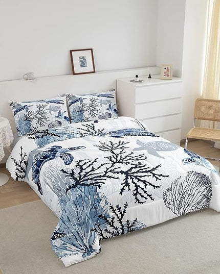 Turtle Comforter Set King,White Blue Hawaiian Turtle Bedding for Kids,Reptile Tortoise Quilt Duvet Set Coastal Beach Theme Comforter Retro Sea Turtle Bed Set for Boys Girls Bedroom Decor(Marine life) - LeafyLoom