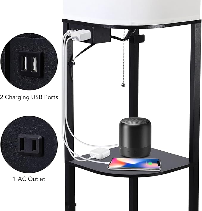 GAOMON Floor lamp with Shelves, Smart RGB Shelf Floor Lamp with 2 USB Ports & 1 Power Outlet, Display for Bedroom,Living Room, and Office - Classic Black - LeafyLoom