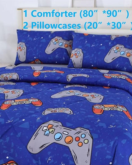 3PCS Blue Gamer Comforter Set Full for Boys Girls Teens and Kids, Soft Microfiber Gaming Bed Comforter Full, Bed in a Bag Full Cute Bedding, Lightweight and Breathable, Full - LeafyLoom