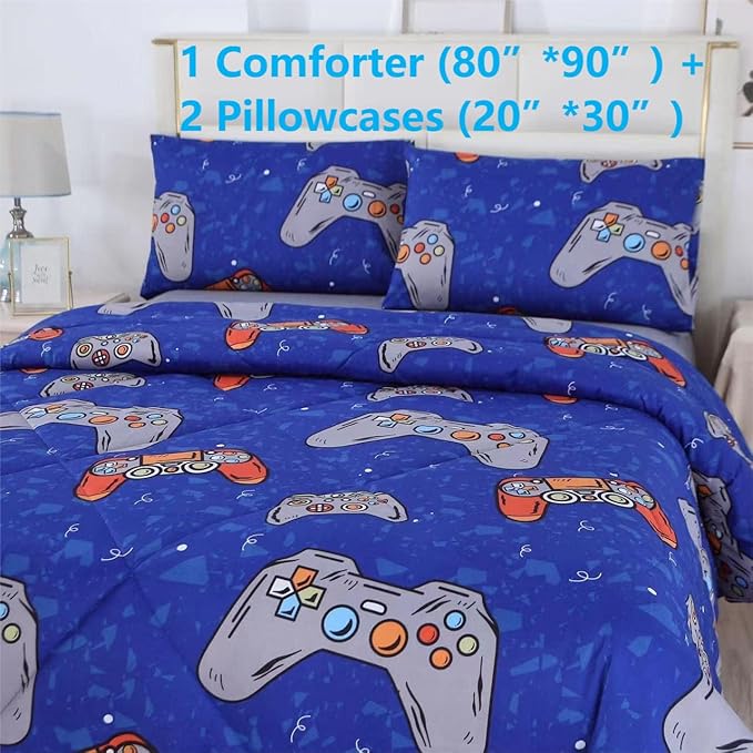 3PCS Blue Gamer Comforter Set Full for Boys Girls Teens and Kids, Soft Microfiber Gaming Bed Comforter Full, Bed in a Bag Full Cute Bedding, Lightweight and Breathable, Full - LeafyLoom