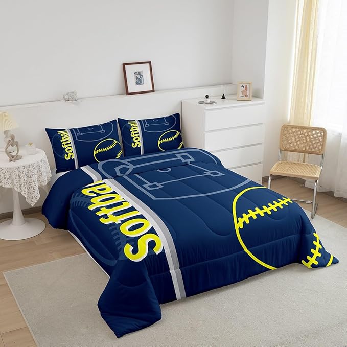 Feelyou Kids Softball Comforter Set Twin Size Sports Game Bedding Set for Boys Girls Teens Bedroom Decor Baseball Comforter Women Men Softball Gaming Duvet Set with 1 Pillow Case - LeafyLoom