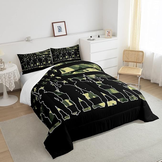 Erosebridal American Flag Camo Comforter Set King Size for Boy Teens Gilrs Kids ArmyGreen Camouflage Bedding Adult Men Soldier Silhouettes Quilted Duvet Military Style Camo Down Comforter - LeafyLoom
