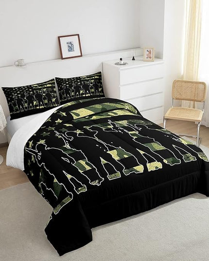 American Flag Comforter Set Full for Boy Teen ArmyGreen Camouflage Down Comforter Adult Men Soldier Silhouettes Quilted Duvet Military Style Camo Bedding Comforters, 1 Comforter Set + 2 Pillowcases - LeafyLoom