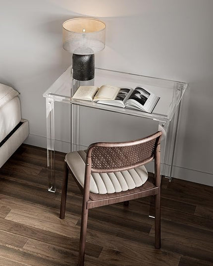 HMYHUM Small Acrylic Desk for Small Spaces, 31.5" L x 19.7" W x 29.5" H, Clear Desk for Home Office for Laptop, Study, Writing, Vanity Table with Rectangular Legs, Modern, Easy Assembly - LeafyLoom