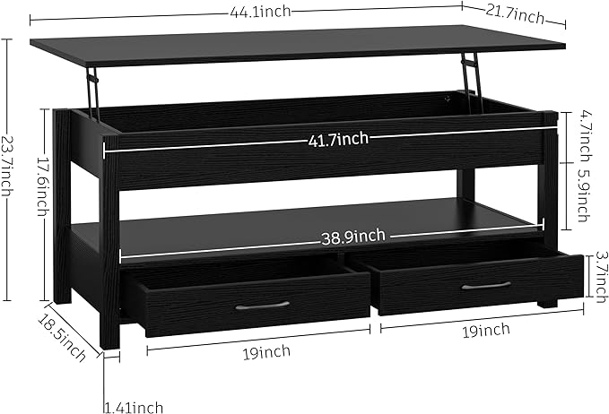 Panana Coffee Table, Lift Top Coffee Table with Hidden Compartment, 2 Drawers and 1 Open Shelf, Retro Central Wooden Table Lift Tabletop for Living Room (Black) - LeafyLoom