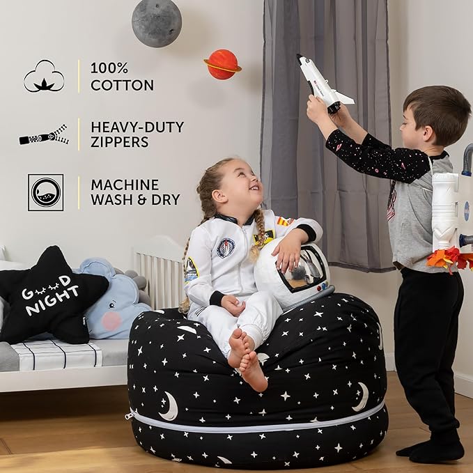 Stuffed Animal Storage Bean Bag Chair Cover for Kids & Adults | Washable XL Stuffie Seat | 100% Cotton | Pouf Organizer for Plush Toys, Linens, Quilts & Pillows | Starry Night - LeafyLoom