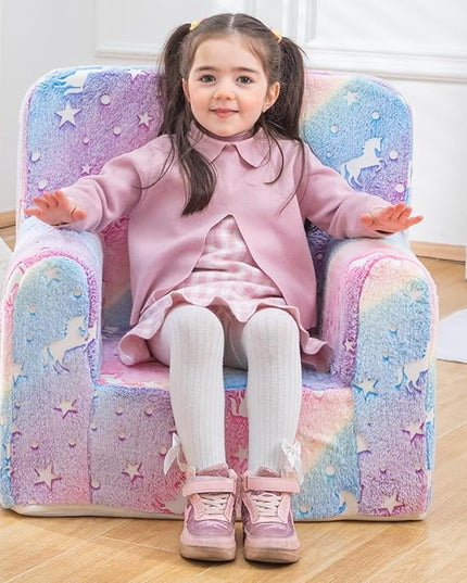 Snuggly-Soft Cuddly Toddler Plush Armchair for Boys and Girls Glowing Pink Fuzzy Plush Kids Sofa Couch Reading Chair with Children Friendly Handle for Easy Movement & Double Pockets for Storage - LeafyLoom