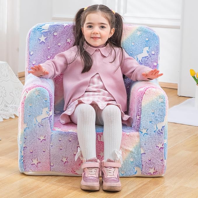Snuggly-Soft Cuddly Toddler Plush Armchair for Boys and Girls Glowing Pink Fuzzy Plush Kids Sofa Couch Reading Chair with Children Friendly Handle for Easy Movement & Double Pockets for Storage - LeafyLoom