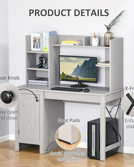 HOMCOM Farmhouse Computer Desk with Hutch and Cabinet, Home office Desk with Storage, for Study, Light Grey - LeafyLoom