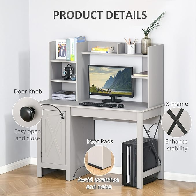 HOMCOM Farmhouse Computer Desk with Hutch and Cabinet, Home office Desk with Storage, for Study, Light Grey - LeafyLoom