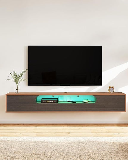 Pmnianhua Floating TV Stand with LED Lights,70'' Wall Mounted TV Cabinet Floating under TV Shelf Media Console Entertainment Center with Storage Living Room Playroom Bedroom(walnut) - LeafyLoom