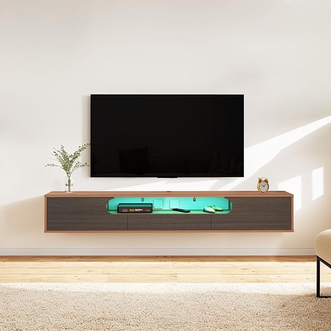 Pmnianhua Floating TV Stand with LED Lights,70'' Wall Mounted TV Cabinet Floating under TV Shelf Media Console Entertainment Center with Storage Living Room Playroom Bedroom(walnut) - LeafyLoom