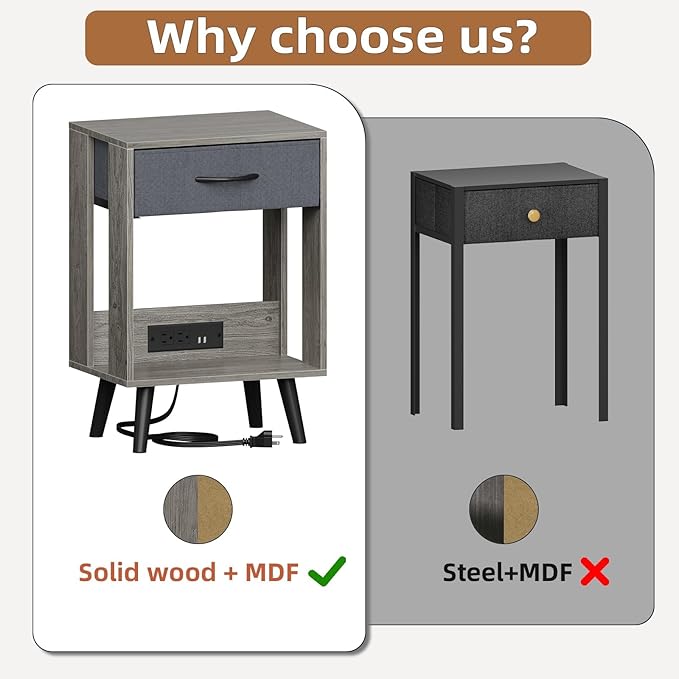 Nightstand with Charging Station and Fabric Drawer, Side Table with Storage for Bedroom, Night Stand with Open Wood Shelf for Bedroom, Bedside Tables - Gray - LeafyLoom