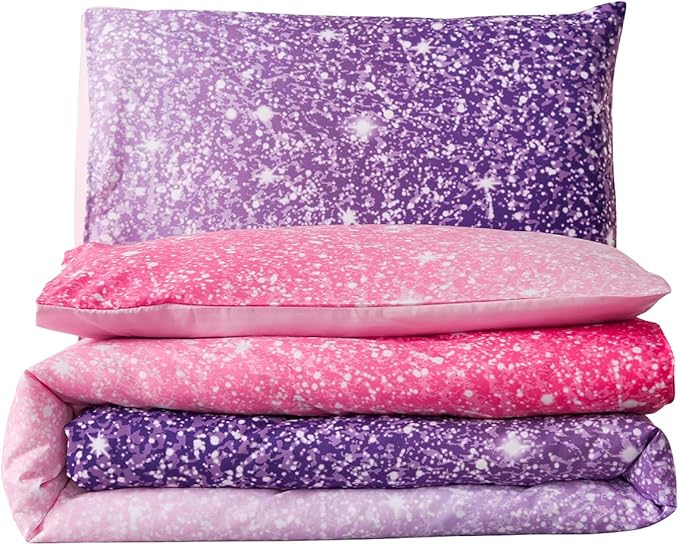 Holawakaka Kids Space Star Glitter Comforter Set Ombre Pink Purple Print Ombre Bedding Set Twin/Twin XL Size Girls Gradient Galaxy Dorm Bed Sets (Pink Purple,Twin) - LeafyLoom
