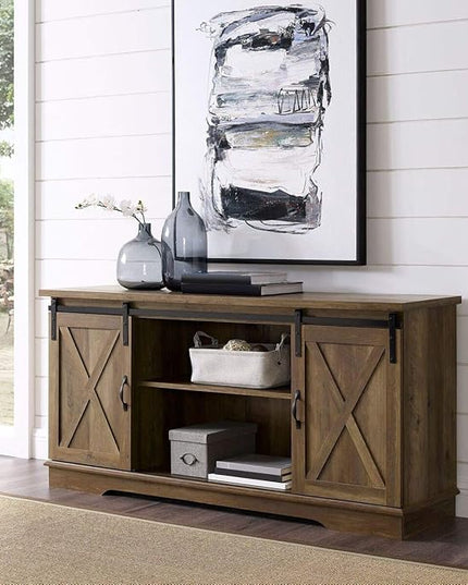 Walker Edison Richmond Modern Farmhouse Sliding Barn Door Stand for TVs up to 65 Inches, Without Fireplace, Rustic Oak - LeafyLoom