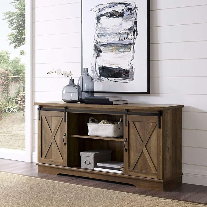 Walker Edison Richmond Modern Farmhouse Sliding Barn Door Stand for TVs up to 65 Inches, Without Fireplace, Rustic Oak - LeafyLoom