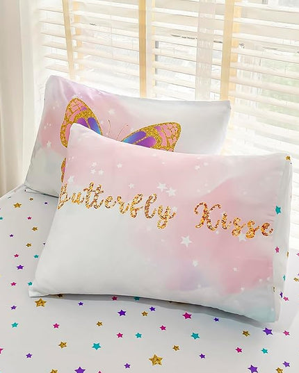 Twin Size Comforter Set for Girls, 5-Piece Bed in a Bag, 3D Colorful Butterfly Bedding Comforter Sheet Set, Ultra Soft and Fluffy, Pink & Rainbow Color - LeafyLoom