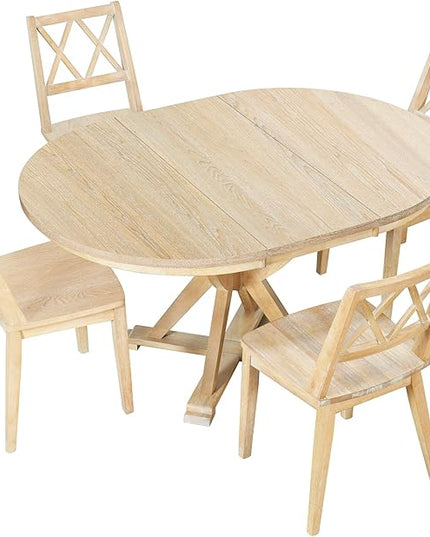 Mid-Century Round 15.7" Removable Leaf, Extending w/4 Cross Back Chairs, Room, Kitchen, Small Place, 5 Piece Dining Table Set, Natural 18 - LeafyLoom