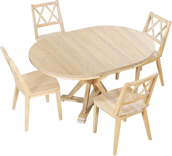 Mid-Century Round 15.7" Removable Leaf, Extending w/4 Cross Back Chairs, Room, Kitchen, Small Place, 5 Piece Dining Table Set, Natural 18 - LeafyLoom