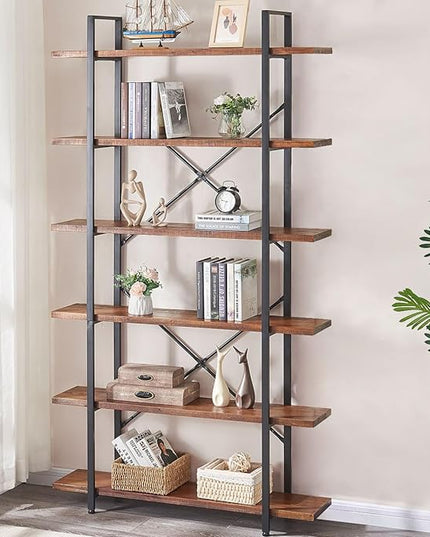 HSH Solid Wood Bookshelf, 6 Tier Tall Industrial Etagere Bookcase and Storage Shelves Heavy Duty, Rustic Large Open Vertical Metal Natural Real Wood Book Shelf for Bedroom Living Room Distressed Brown - LeafyLoom