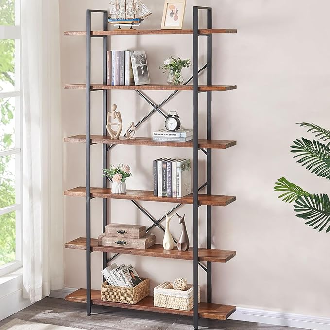 HSH Solid Wood Bookshelf, 6 Tier Tall Industrial Etagere Bookcase and Storage Shelves Heavy Duty, Rustic Large Open Vertical Metal Natural Real Wood Book Shelf for Bedroom Living Room Distressed Brown - LeafyLoom