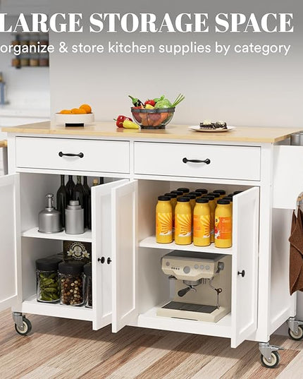 Large Kitchen Island On Wheels with Storage 54in Width Mobile Moveable Portable Rolling White Wood Island for Kitchen Dining Room with Drawers Cabinet Spice Rack Towel Rack - LeafyLoom