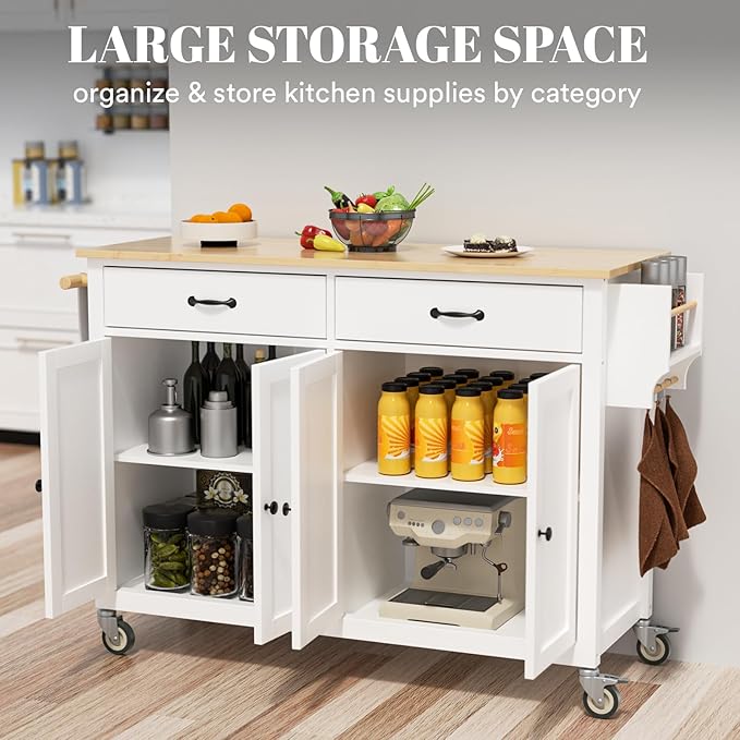Large Kitchen Island On Wheels with Storage 54in Width Mobile Moveable Portable Rolling White Wood Island for Kitchen Dining Room with Drawers Cabinet Spice Rack Towel Rack - LeafyLoom