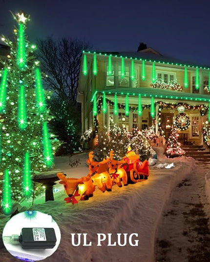 Halloween Lights Outdoor, Meteor Shower Lights Christmas Lights for Halloween Decorations, 8Tube 192LED Snow Falling Rain Icicle String Lights for Xmas Christmas Decor Tree Party,UL Plug Green Weepong