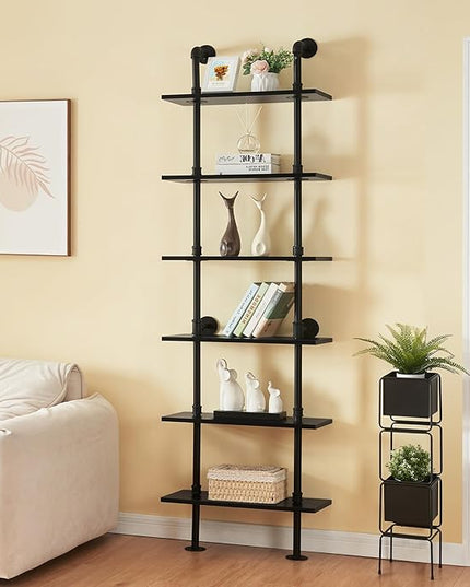 HOMBAZAAR Industrial Bookshelf, 6-Tier Industrial Pipe Bookshelf, Wall Mounted Ladder Shelf with Metal Frame for Home Office, Living Room, Black - LeafyLoom