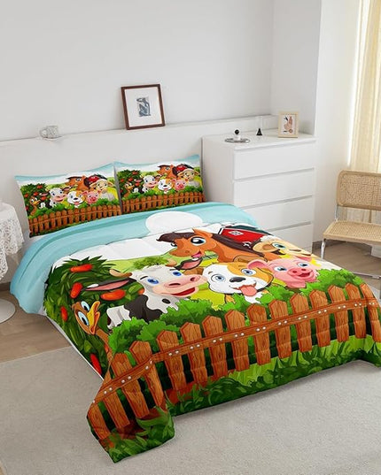 Kids Cartoon Comforter Set Toddler Cute Farm Animals Comforter Cattle Sheep Pigs Dogs Horses Bedding Set for Boys Girls Children Farmhouse Duvet Set Ultra Soft Room Decor Queen Size Colorful Quilt Set - LeafyLoom
