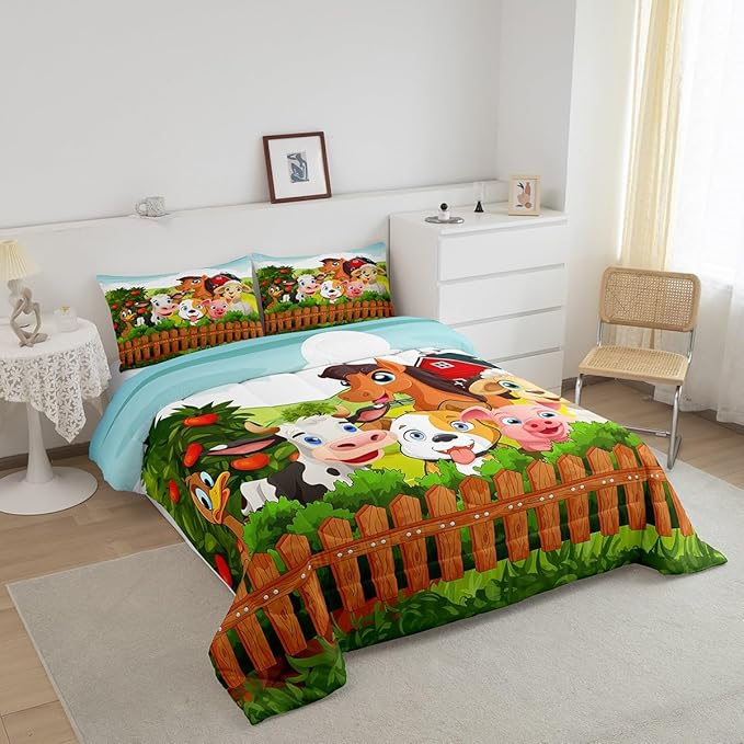 Kids Cartoon Comforter Set Toddler Cute Farm Animals Comforter Cattle Sheep Pigs Dogs Horses Bedding Set for Boys Girls Children Farmhouse Duvet Set Ultra Soft Room Decor Queen Size Colorful Quilt Set - LeafyLoom