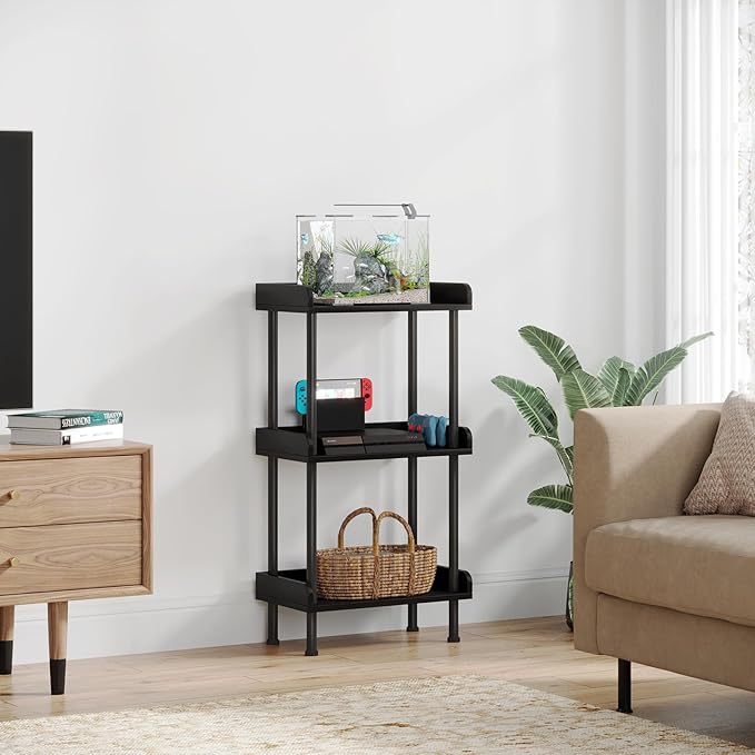 Bookshelf Small Book Shelf - 3-Tier Wood Bookcase Industrial Bookshelf with Edge Protection Metal Standing Book Shelves Display Book Rack for Living Room Bedroom Home Office (Black) - LeafyLoom