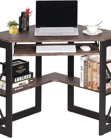 VECELO Corner Computer Desk 41 x 30 inches with Smooth Keyboard & Storage Shelves for Home Office Workstation, Rustic Natural Brown - LeafyLoom