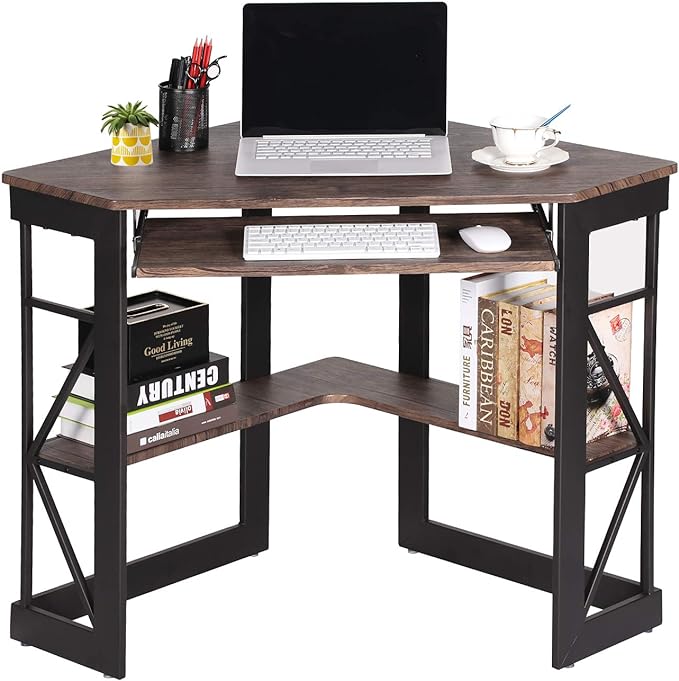 VECELO Corner Computer Desk 41 x 30 inches with Smooth Keyboard & Storage Shelves for Home Office Workstation, Rustic Natural Brown - LeafyLoom