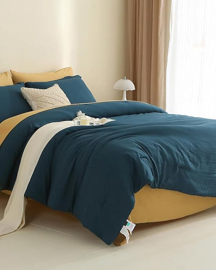 MILDLY California King Size Comforter Set 7 Piece Color Clash, Peacock Blue Bed in a Bag, All Season Bedding Sets with 1 Comforter, 2 Pillow Shams, 2 Pillowcases, 1 Flat Sheet, 1 Fitted Sheet - LeafyLoom