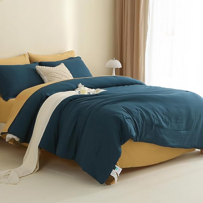 MILDLY California King Size Comforter Set 7 Piece Color Clash, Peacock Blue Bed in a Bag, All Season Bedding Sets with 1 Comforter, 2 Pillow Shams, 2 Pillowcases, 1 Flat Sheet, 1 Fitted Sheet - LeafyLoom