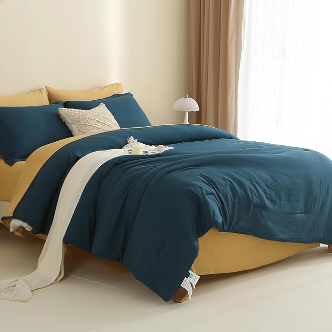 MILDLY Full Size Comforter Set 7 Piece Color Clash, Peacock Blue Bed in a Bag, All Season Bedding Sets with 1 Comforter, 2 Pillow Shams, 2 Pillowcases, 1 Flat Sheet, 1 Fitted Sheet - LeafyLoom