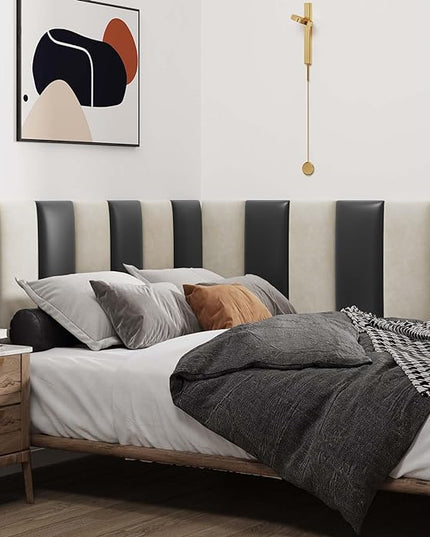 Wall Mounted Upholstered Headboard Queen, 3D Peel and Stick Soundproof Wall Panels, Reusable and Removable Padded Headboard Leather Bed Headboard, 9 Panels Headboard 9.84" x 23.62", Black - LeafyLoom