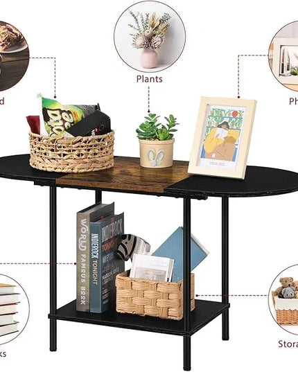 ETELI Small Black Coffee Tables Oval Center Table with Storage and Open Shelving Round Coffee Tea Tables for Living Room, Small Space, Home Office, Brown & Black - LeafyLoom