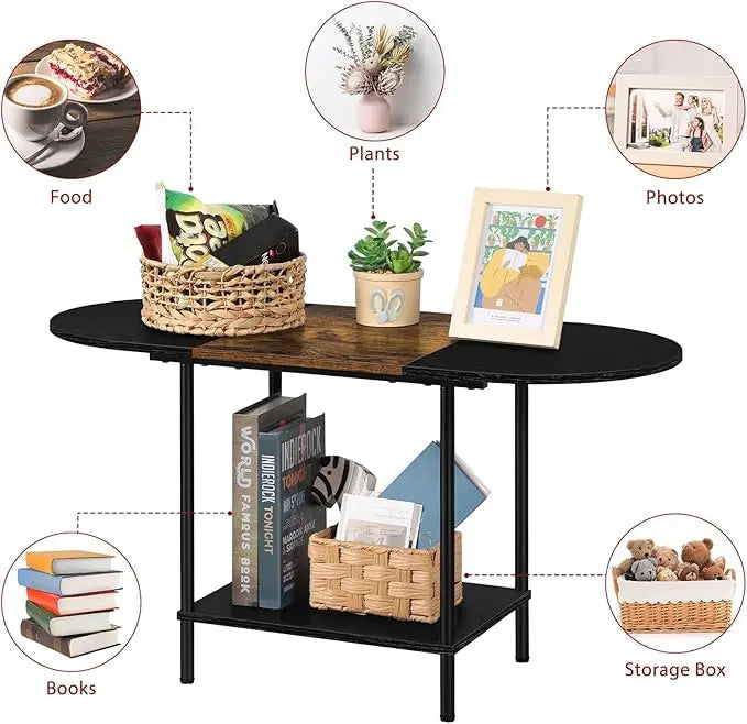 ETELI Small Black Coffee Tables Oval Center Table with Storage and Open Shelving Round Coffee Tea Tables for Living Room, Small Space, Home Office, Brown & Black - LeafyLoom