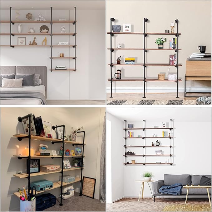 Pynsseu Industrial Iron Pipe Shelf Wall Mount, Farmhouse DIY Open Bookshelf, Pipe Shelves for Kitchen Bathroom, bookcases Living Room Storage, 3Pack of 5 Tier. - LeafyLoom