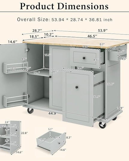54Inch Kitchen Island Table with Drop Leaf & Adjustable Storage, Rolling Kitchen-Cart on Wheels w/Rubber Wood Top, 3-Tier Pull Out Cabinet Organizer, for Dining Room, Home - LeafyLoom