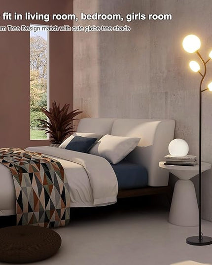 Modern Black 4 Globe Floor Lamp for Living Room - Contemporary Tree Floor Lamp with White Frosted Glass Shade and LED Bulbs, Mid Century Modern Standing Lamp for Bedroom & Home Office - LeafyLoom