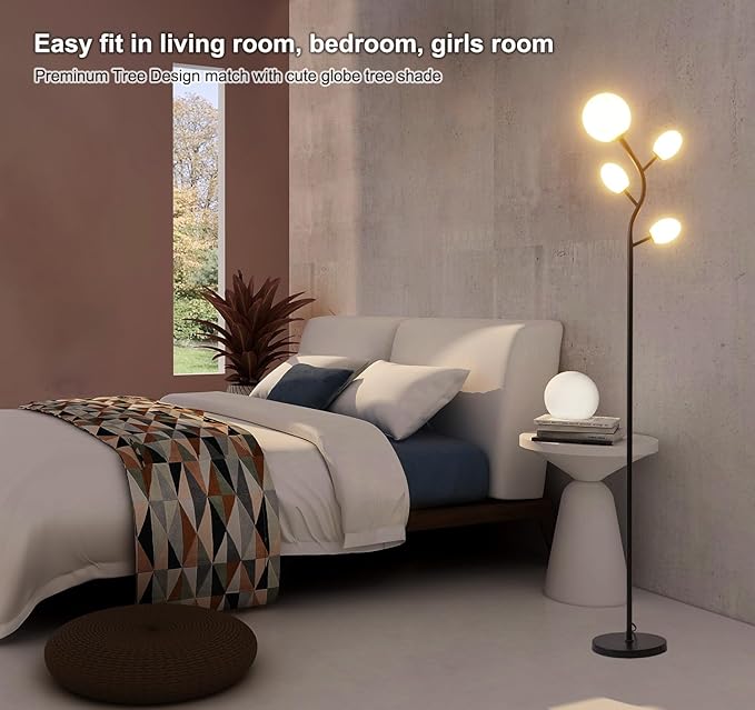 Modern Black 4 Globe Floor Lamp for Living Room - Contemporary Tree Floor Lamp with White Frosted Glass Shade and LED Bulbs, Mid Century Modern Standing Lamp for Bedroom & Home Office - LeafyLoom